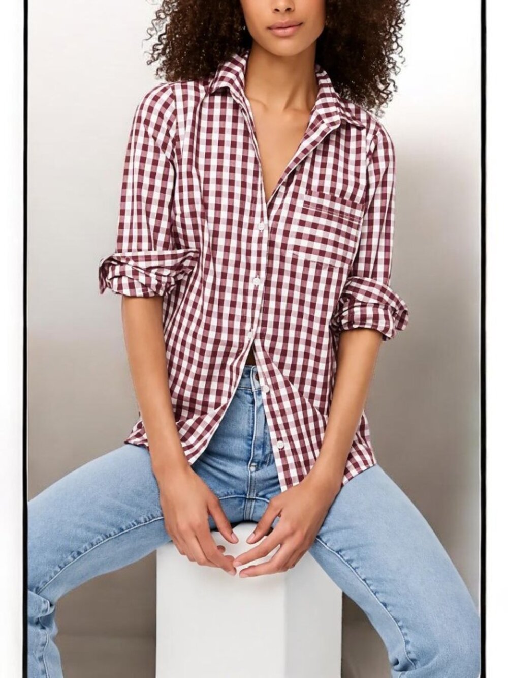 J. CREW Factory Stretch Poplin Button Down maroon and white gingham. XSmall